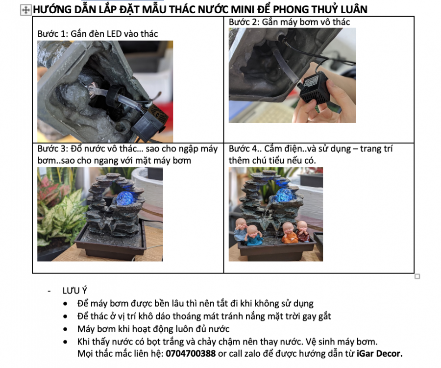 HƯỚNG DẪN LẮP ĐẶT MẪU THÁC NƯỚC MINI ĐỂ PHONG THUỶ LUÂN