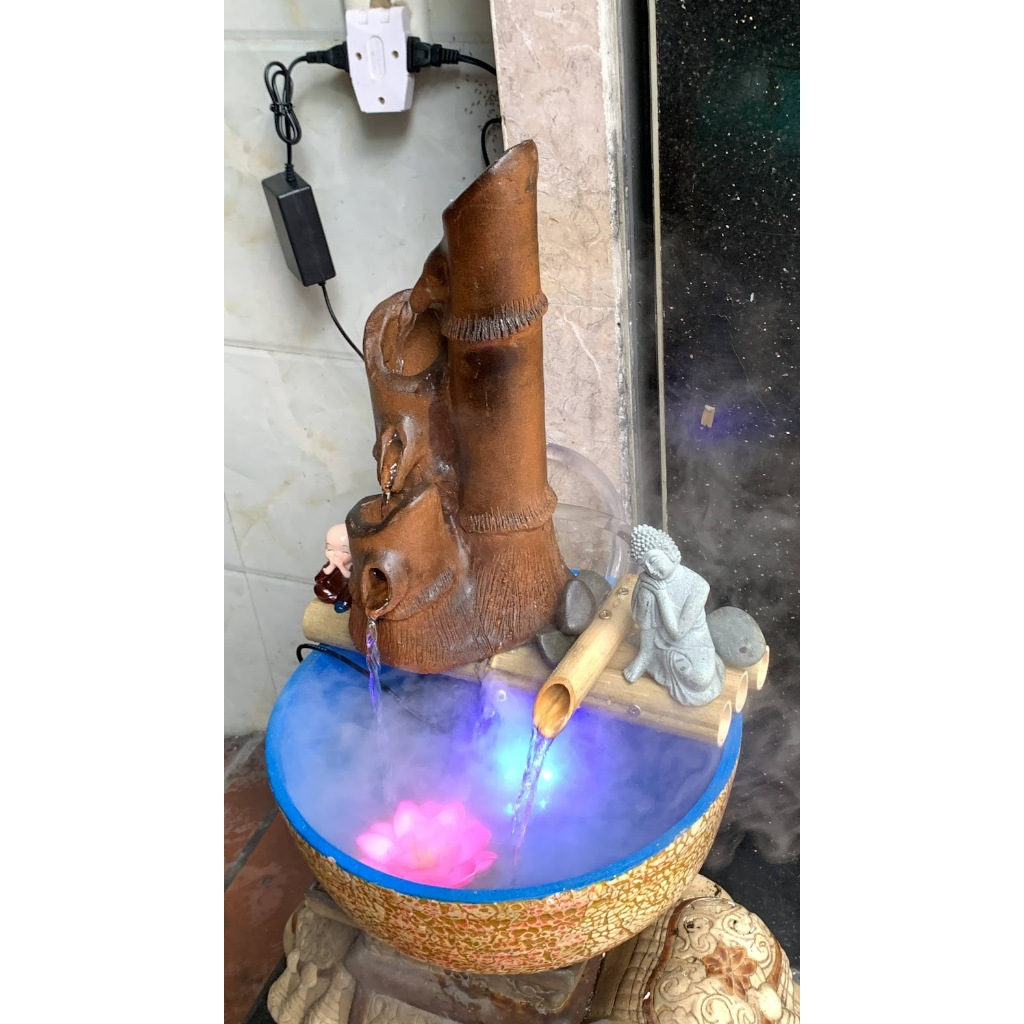 Thác nước ống tre gốm bầu trúc cao 30cm - toàn cảnh lắp đặt demo