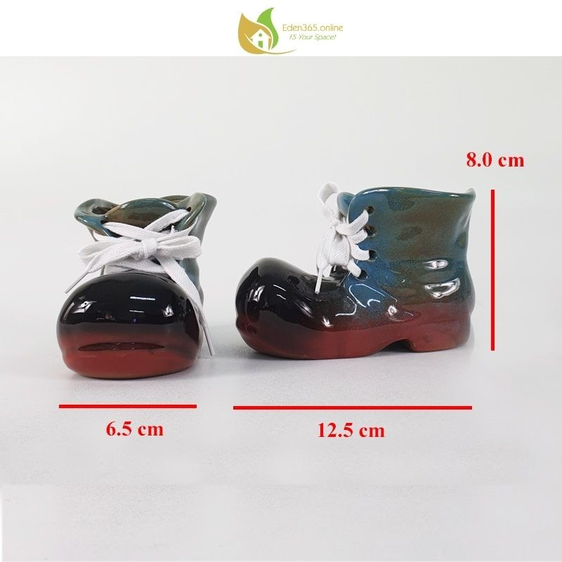 Kích thước chậu gốm hình giày xanh sành điệu 6.5x12.5x8cm