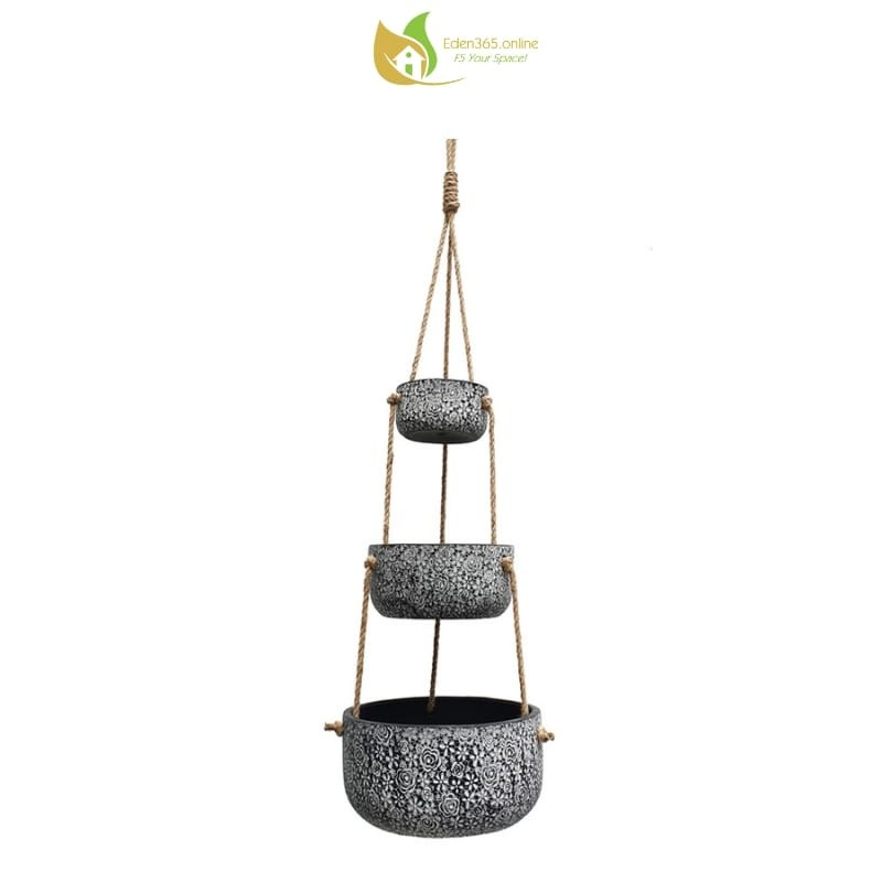 Chậu gốm treo họa tiết ren hoa hồng màu xám trắng - cận cảnh