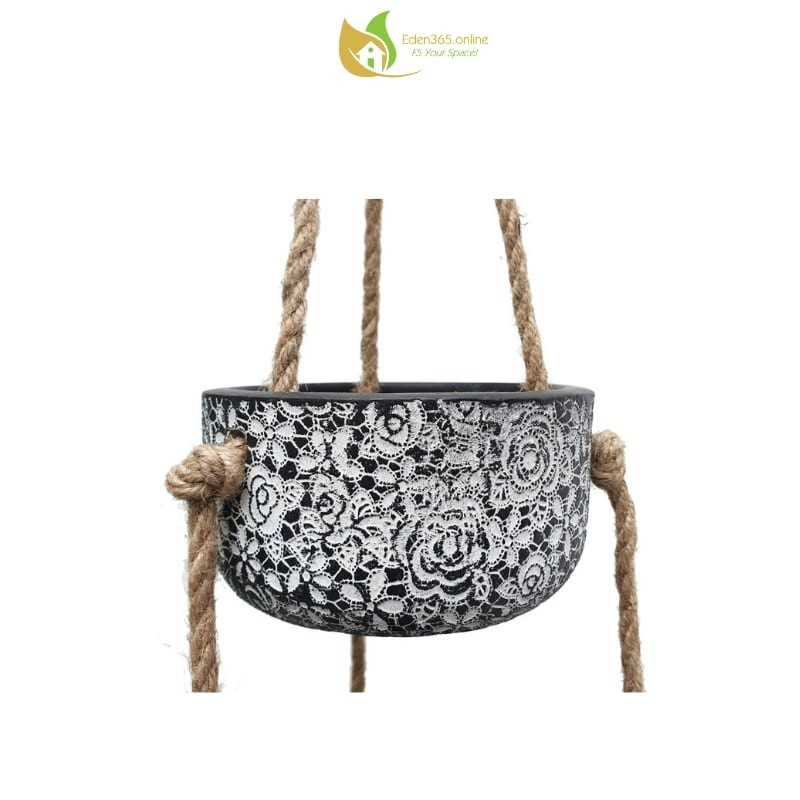 Bộ 3 chậu gốm treo họa tiết hoa hồng màu xám trắng - 3 tầng