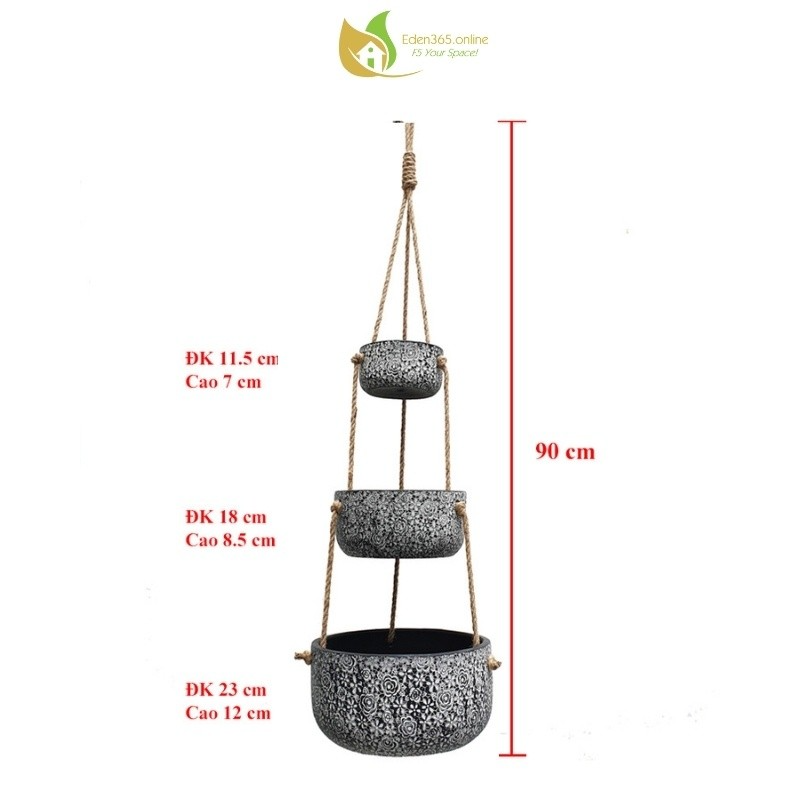 Kích thước bộ 3 chậu gốm treo: 11.5cm, 18cm, 23cm, tổng chiều dài treo 90cm