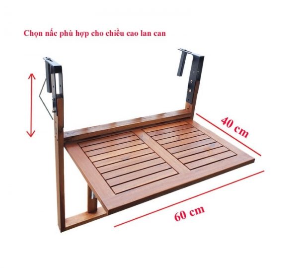 Kích thước mặt bàn treo ban công gỗ tràm 60x40 cm, chọn nấc theo chiều cao lan can