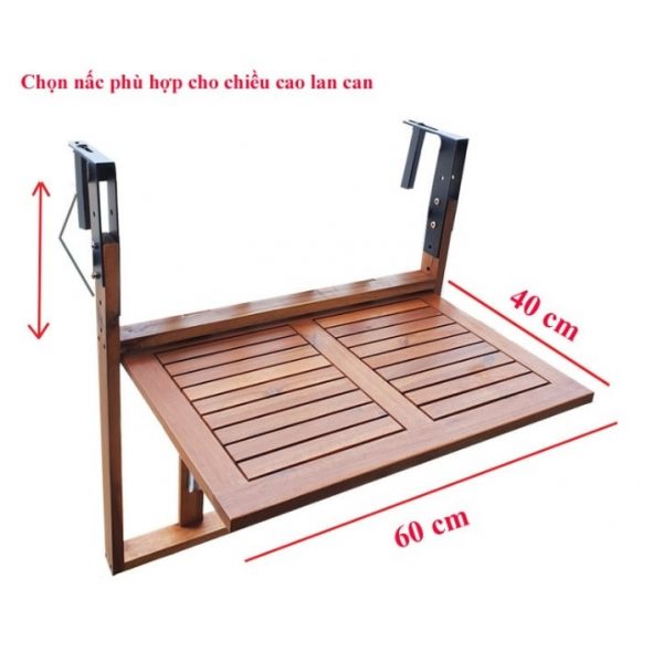 Kích thước mặt bàn treo ban công gỗ tràm 60x40 cm, chọn nấc theo chiều cao lan can
