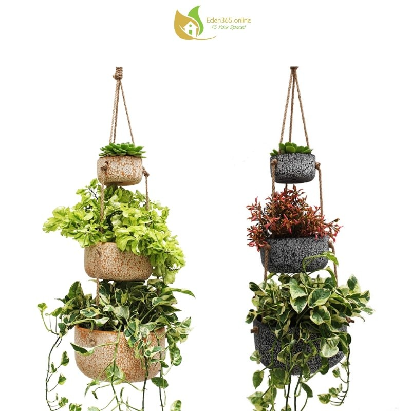 Bộ 3 chậu gốm treo trồng cây họa tiết hoa hồng - 2 màu cam trắng và xám trắng