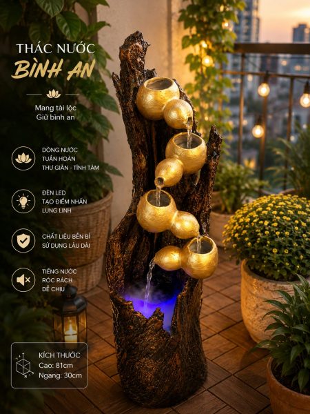 Thác nước phong thủy bình an mạ vàng trang trí ban công