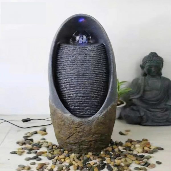 Thác nước bông lúa nhỏ phong thủy trứng đá, quả châu pha lê xoay, đèn LED để bàn