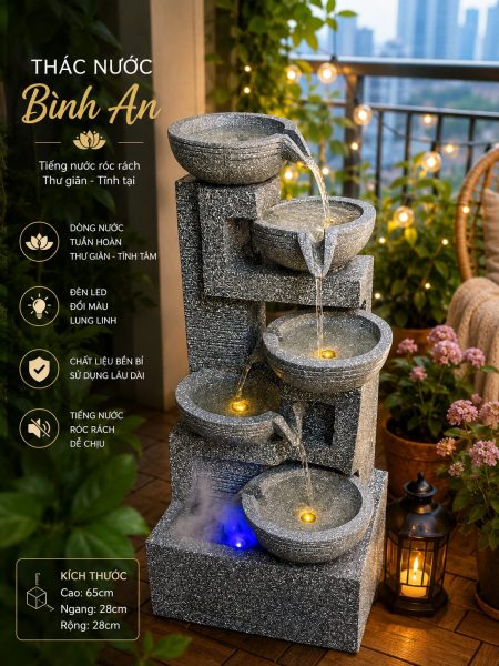 Thác nước phong thủy chất liệu đá xám nhiều tầng có đèn LED
