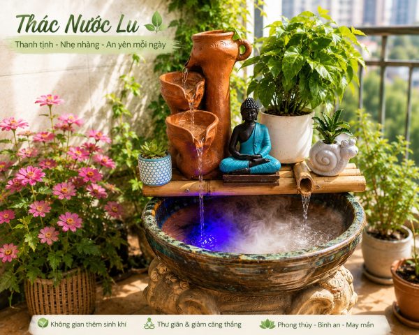 Thác nước lu phong thủy hoàn chỉnh trang trí ban công - dịch vụ sửa thác nước iGar Decor