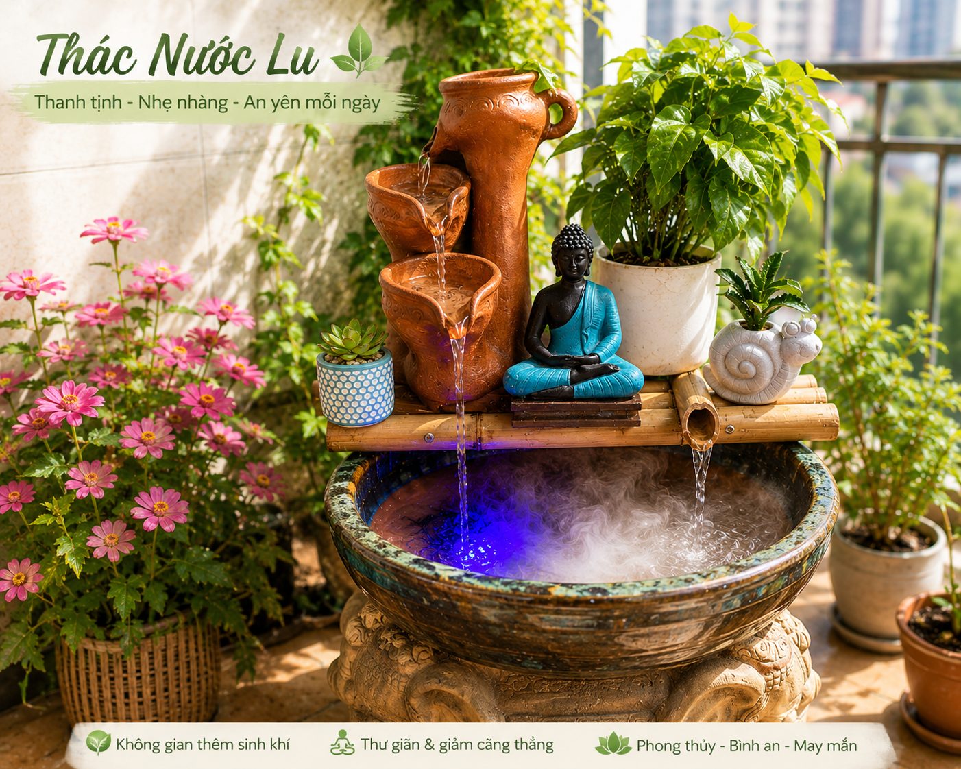 Thác nước lu phong thủy hoàn chỉnh trang trí ban công - dịch vụ sửa thác nước iGar Decor