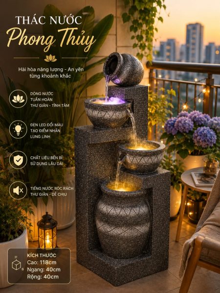 Thác nước phong thủy đặt ban công lúc hoàng hôn - mẫu đẹp 2026