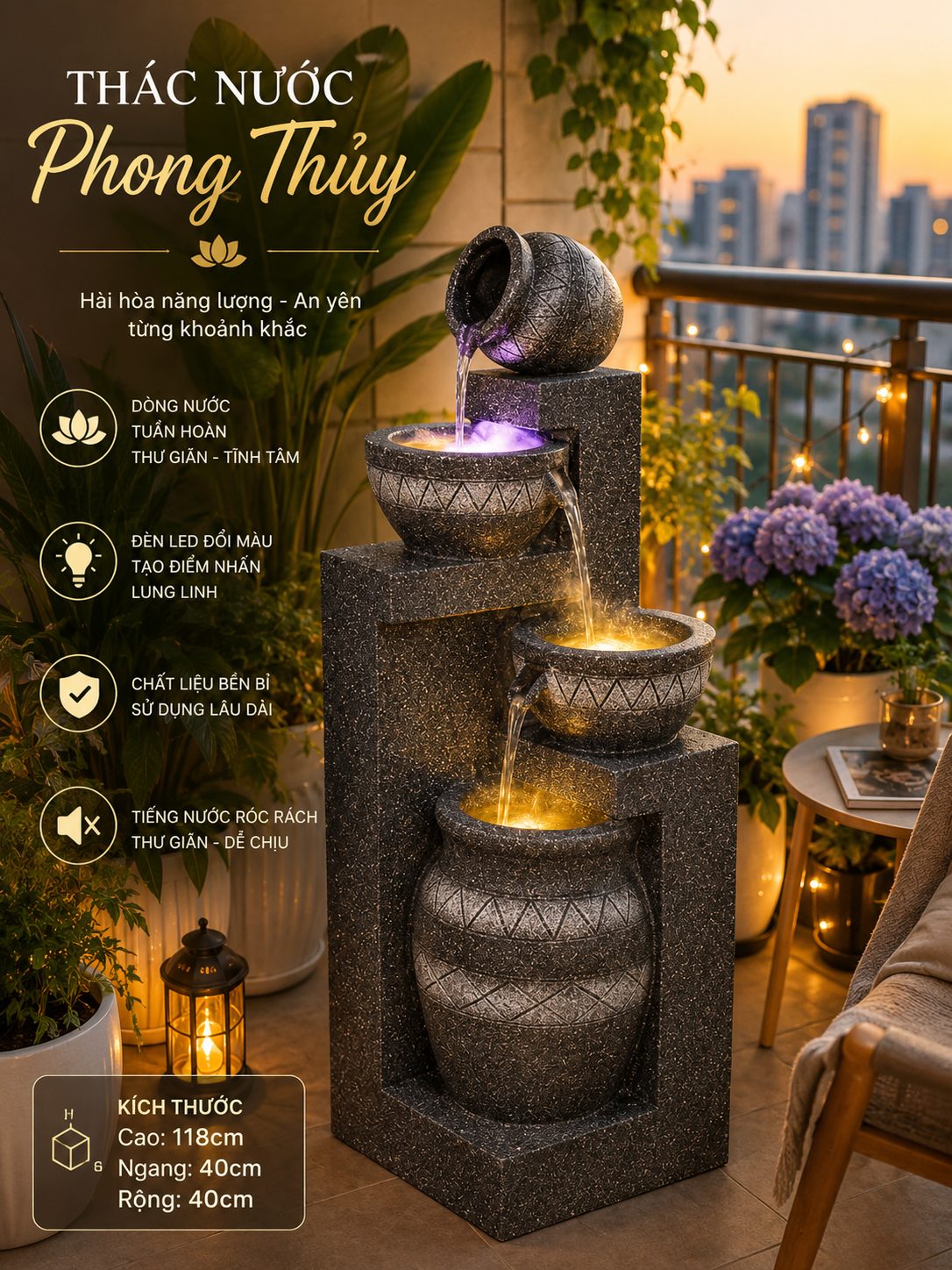 Thác nước phong thủy đặt ban công lúc hoàng hôn - mẫu đẹp 2026