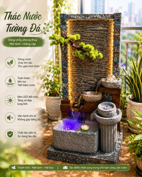 Thác nước tường đá phong thủy bột đá siêu nhẹ, đèn LED đổi màu, phun sương cao 152cm