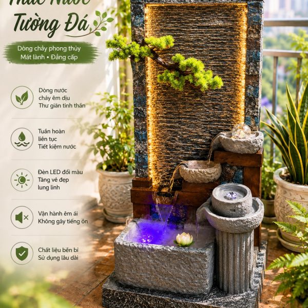 Thác nước tường đá phong thủy bột đá siêu nhẹ, đèn LED đổi màu, phun sương cao 152cm