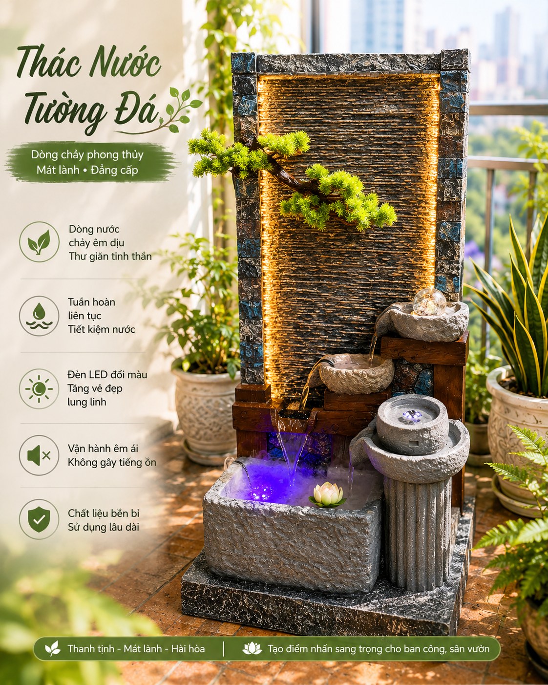 Thác nước tường đá phong thủy bột đá siêu nhẹ, đèn LED đổi màu, phun sương cao 152cm